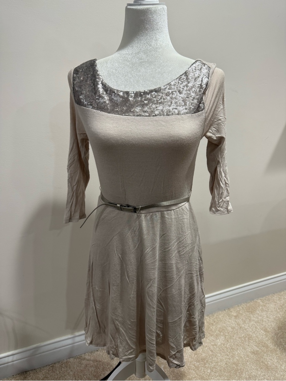 Women's Sequin Yoke Casual Fit-&-Flare Dress in Beige